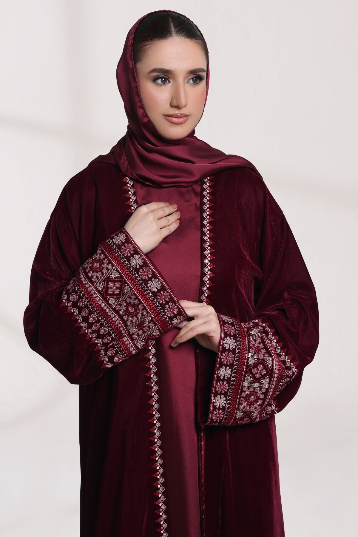 3 Piece - Maroon Velvet Abaya